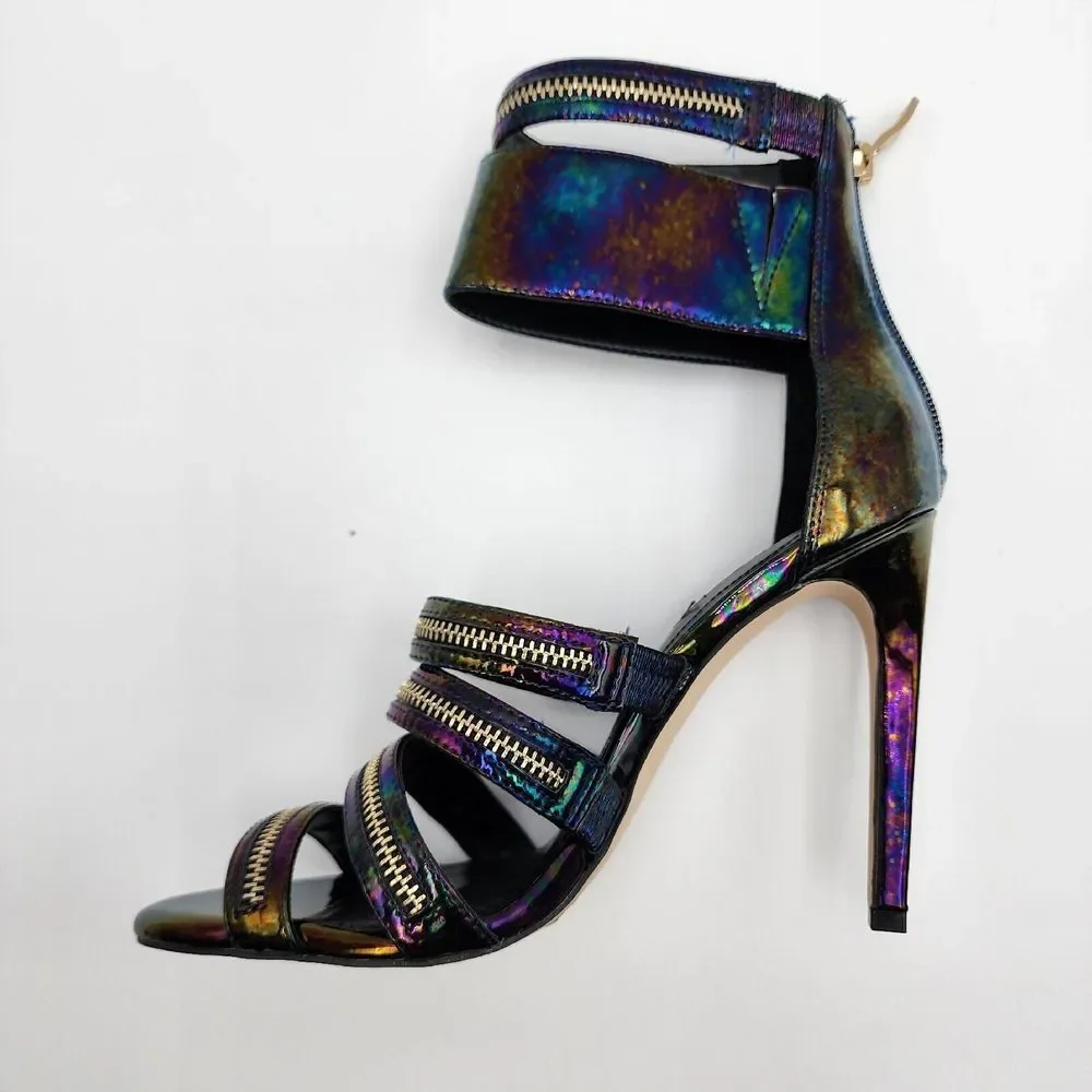 BCBGeneration Casey Strappy Ankle Sandals Open Toe Black Hologram Patent 7.5‎ M